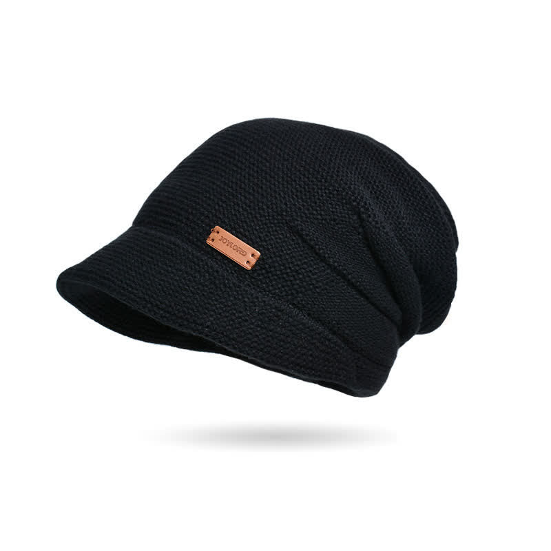 Women's Letter Patched Wide Brim Pile Knitted Hat - Black - Adjustable (Approx. 21 5/8"-23 5/8") - image 2