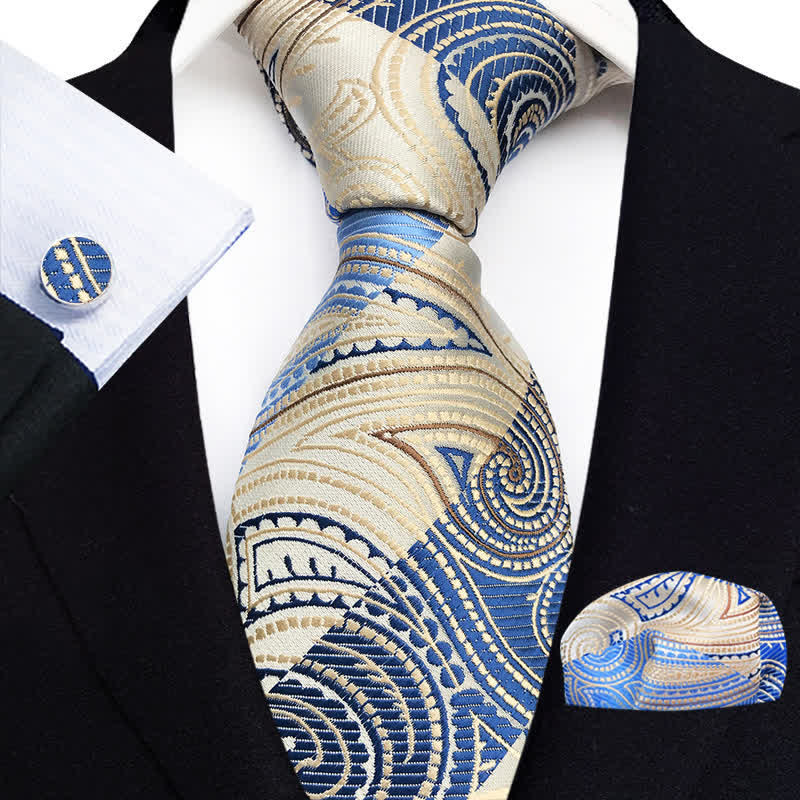 3Pcs Men's Blue & Champagne Paisley Necktie Set - Blue & Champagne - image 0