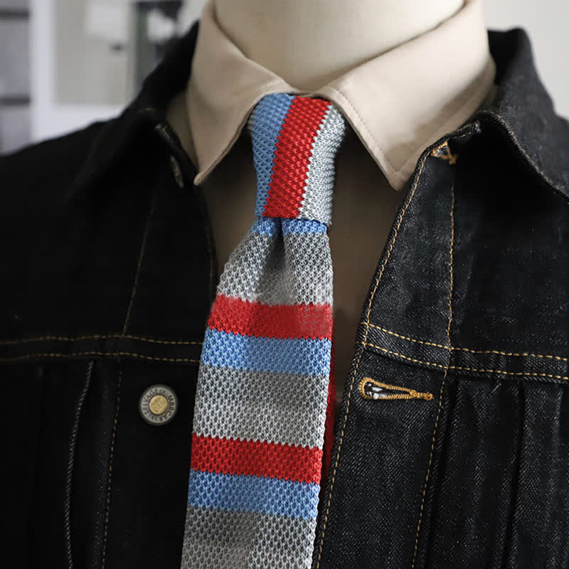 Men's Autumn Horizonal Striped Knitted Necktie - Red & Gray - image 14