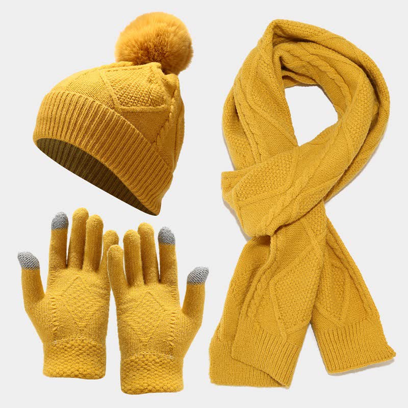 3Pcs Women's Diamond Poms Beanie Hat Scarf Gloves Set - Yellow - Adjustable - image 0