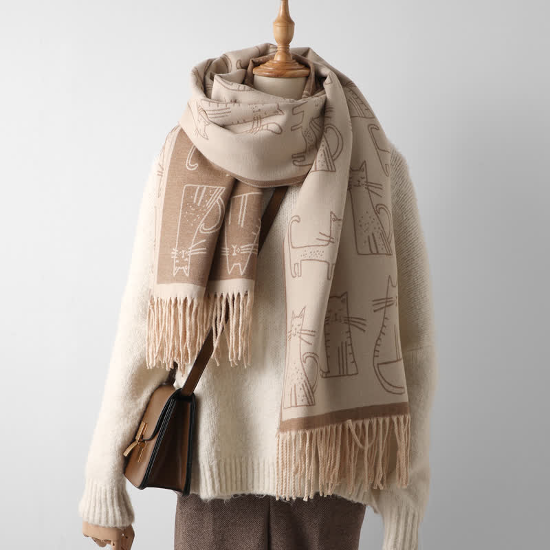 Women's Cat Print Double-Sided Shawl Scarf - Beige - image 14