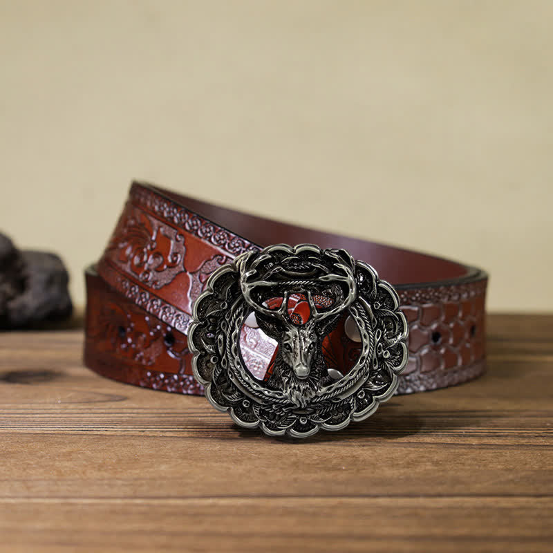 Men's DIY Hollow 3D Elk Antler Buckle Leather Belt - Antique Silver - Brown Carved Belt (40) - image 16