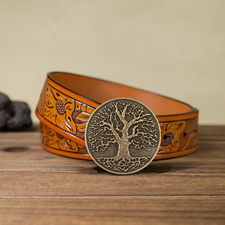 Men's DIY Tree of Life Round Buckle Leather Belt - Bronze - Orange Carved Belt (40) - image 23
