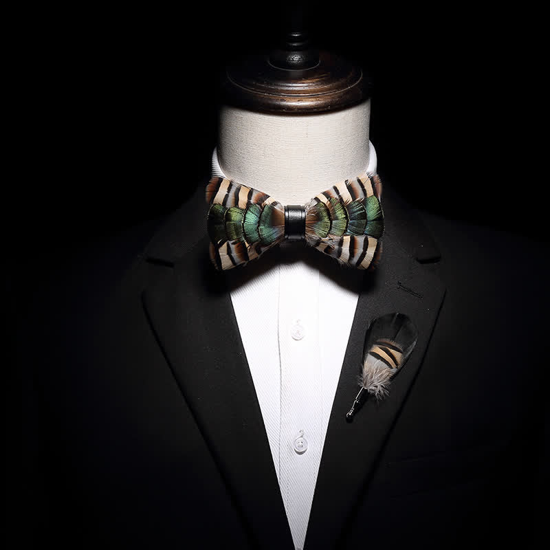 Green & Beige Geese Feather Bow Tie with Lapel Pin - image 4
