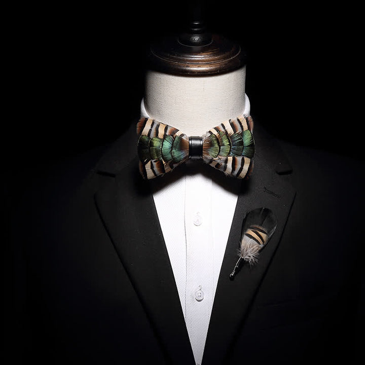 Green & Beige Geese Feather Bow Tie with Lapel Pin - image 4