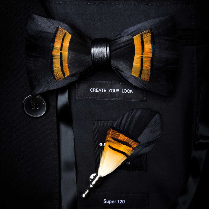 Kid's Black & Orange Midnight Feather Bow Tie with Lapel Pin - Adult - image 3
