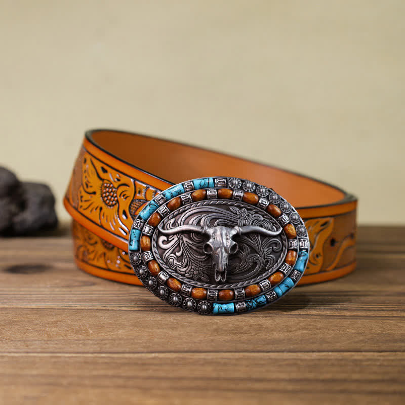 Men's DIY Turquoise Wood Bead Bull Buckle Leather Belt - Silver - Orange Carved Belt (115 cm/46 inch) - image 21