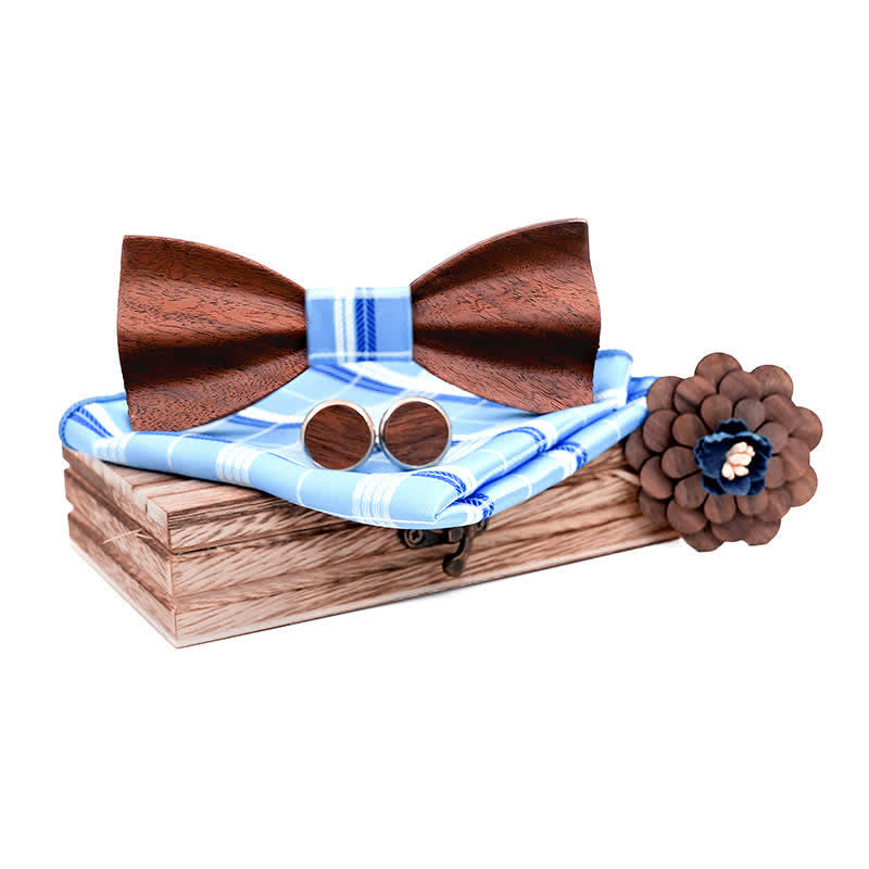 4Pcs Men's Black Walnut Wooden Bow Tie Set - SkyBlue - image 9