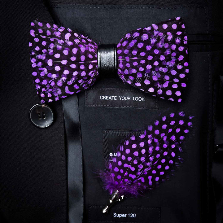 DarkViolet White Polka Dots Feather Bow Tie with Lapel Pin - Adult - image 0