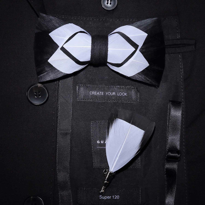 White & Black Understated  Feather Bow Tie with Lapel Pin