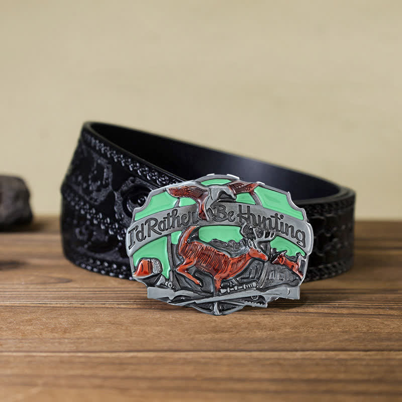 Men's DIY Hunting Deer In The Wild Buckle Leather Belt - I'd Rather Be Hunting - Black Carved Belt (40) - image 9