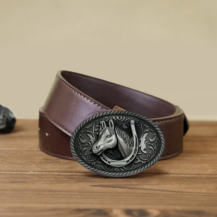 Men's DIY Antique Silver Horseshoe Buckle Leather Belt - Horseshoe - Brown PU Belt (40) - image 7