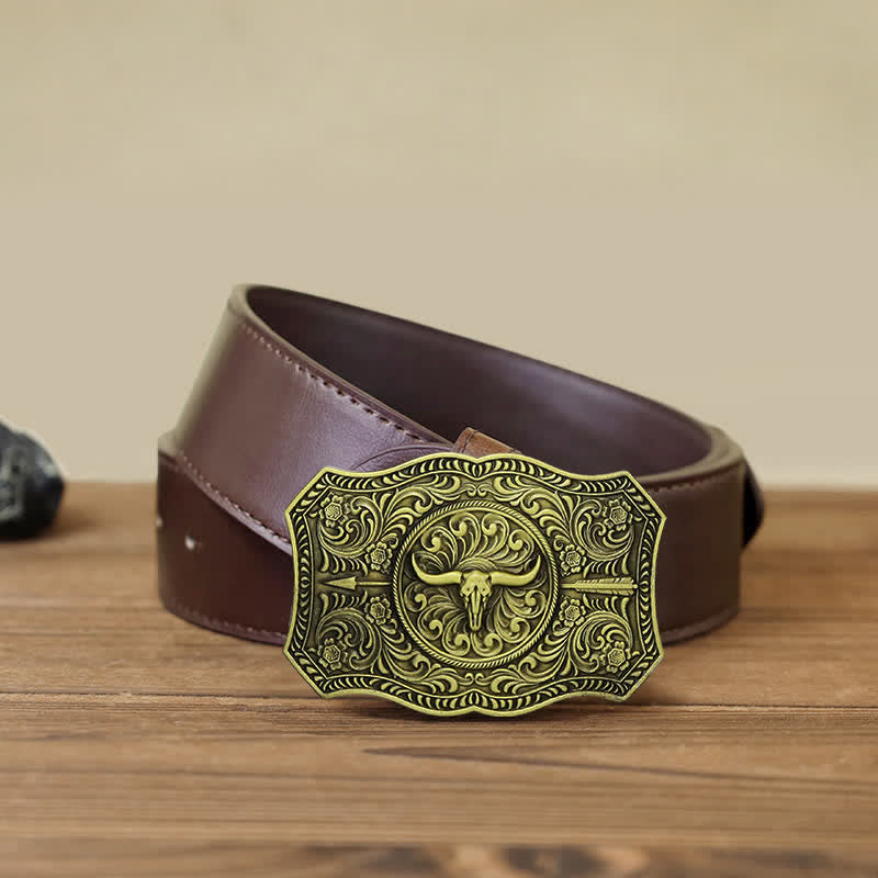 Men's DIY Long Horn Bull Arrow Buckle Leather Belt - Antique Bronze - Brown PU Belt (40) - image 13