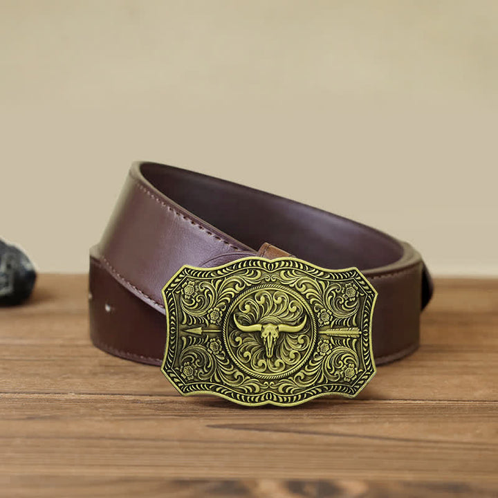 Men's DIY Long Horn Bull Arrow Buckle Leather Belt - Antique Bronze - Brown PU Belt (40) - image 13
