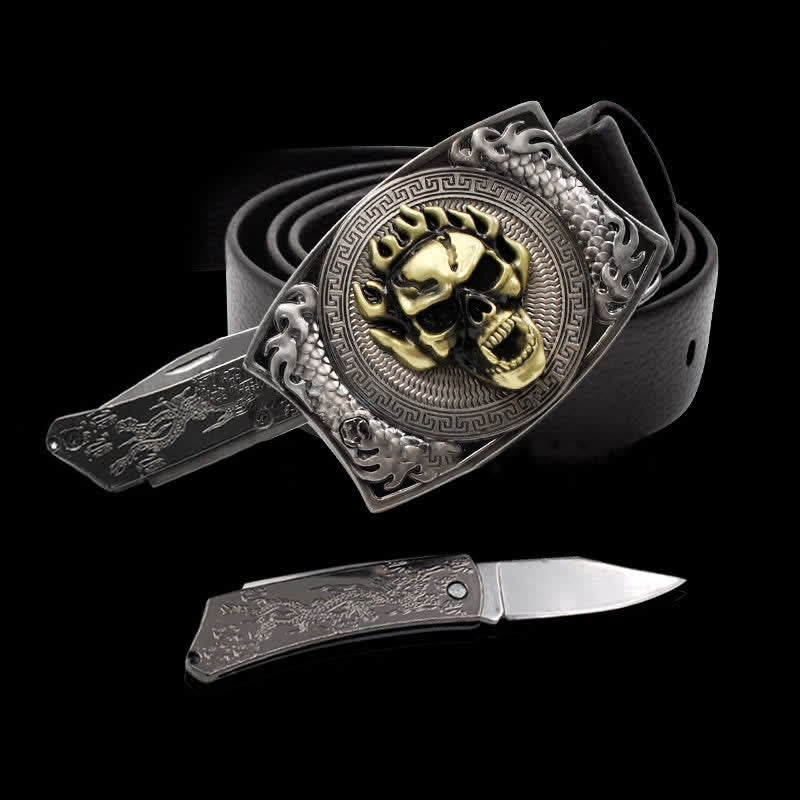Men's Flame Skull Leather Belt With Folding Knife - Skull - 46 - image 0