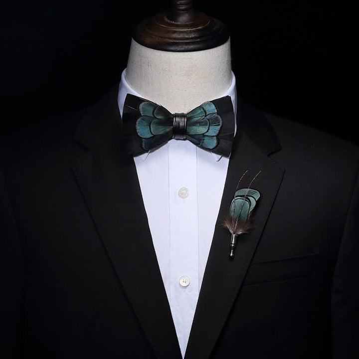 Black & Green Exquisite Feather Bow Tie with Lapel Pin - image 2