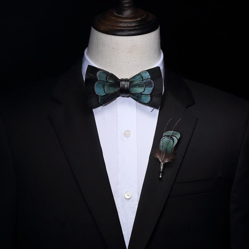 Black & Green Exquisite Feather Bow Tie with Lapel Pin - image 2