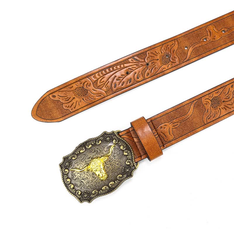 Men's Square Engraved Bull Flower Leather Belt - image 3