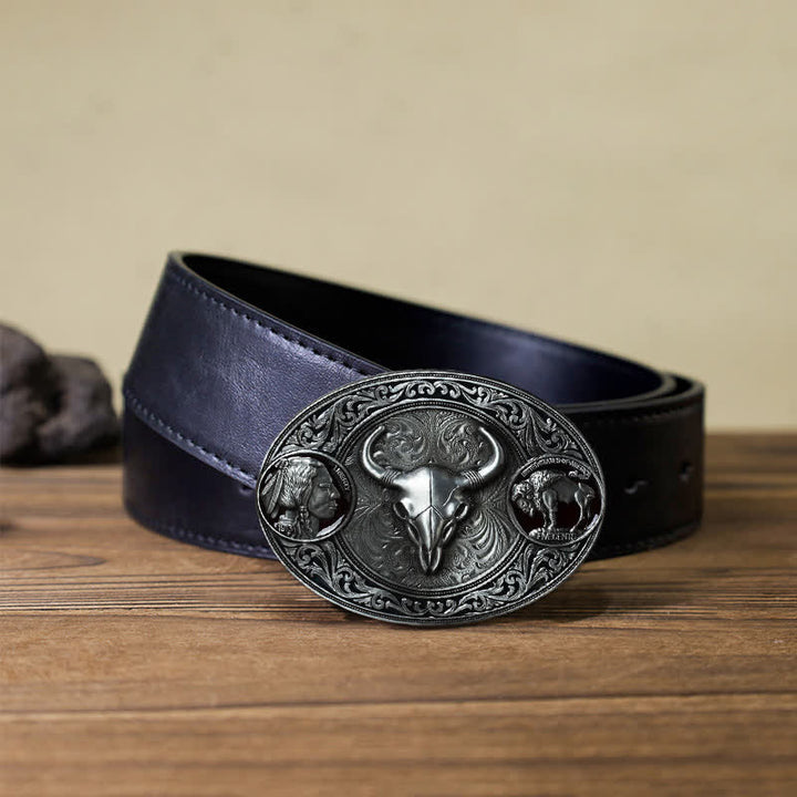 Men's DIY Typical Western Skull Buckle Leather Belt - Bull - Black PU Belt (40) - image 5