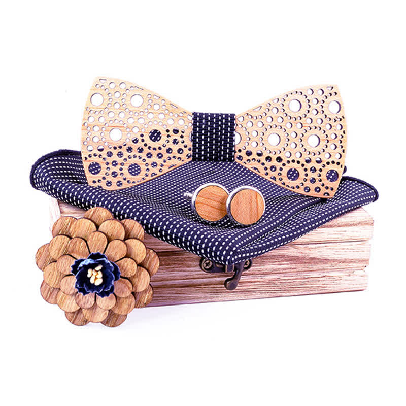 4Pcs Men's Round Hollow Wooden Bow Tie Set - Black Line - image 7