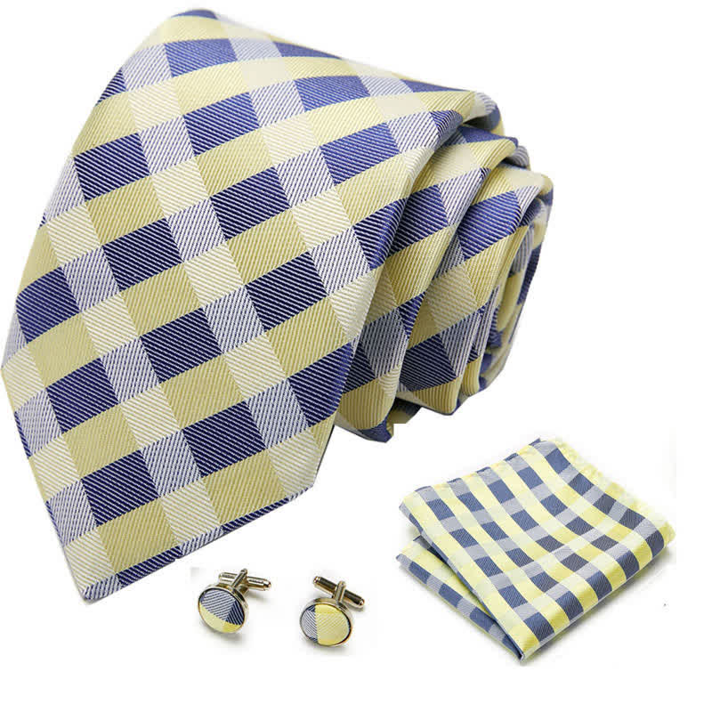 3Pcs Men's Yellow & Blue Striped Plaid Necktie Set - image 1