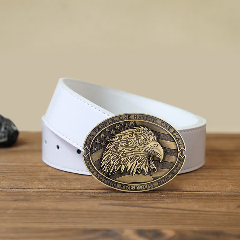 Men's DIY Patriotic Bald Eagle USA Flag Buckle Leather Belt - Antique Bronze - White PU Belt (40) - image 8