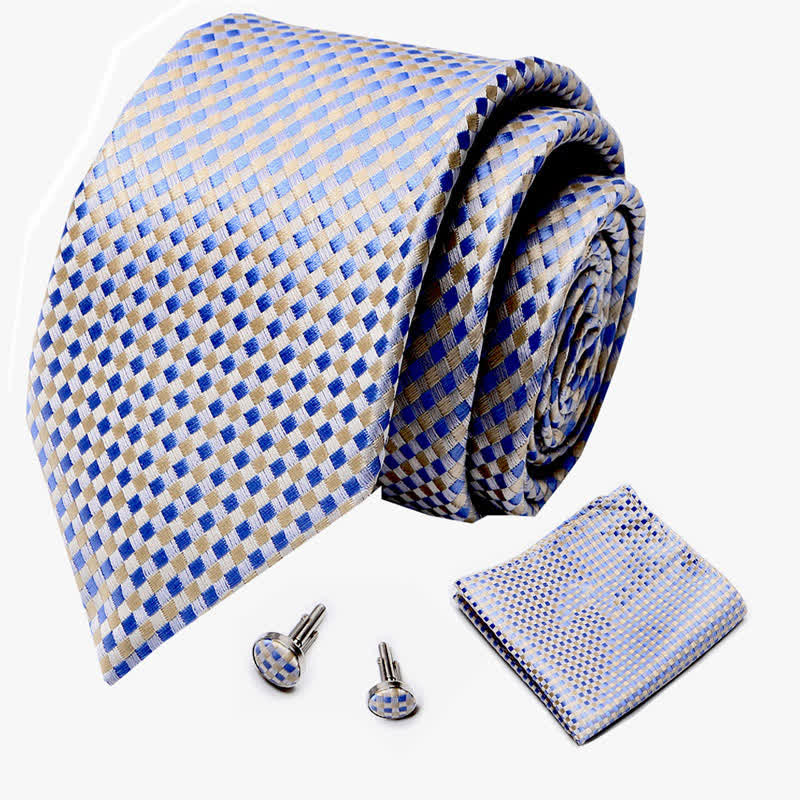 3Pcs Men's Yellow & Blue Woven-like Check Necktie Set - image 1