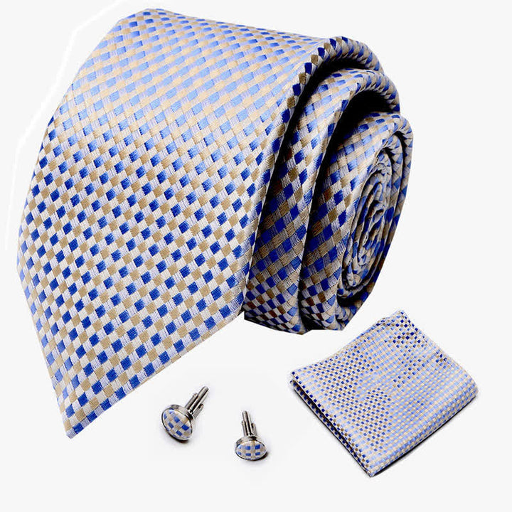 3Pcs Men's Yellow & Blue Woven-like Check Necktie Set - image 1