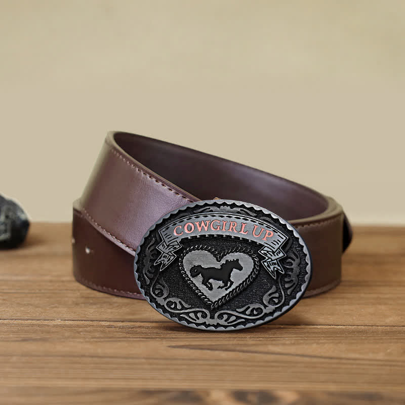 Women's DIY Silver Cowgirl Up Buckle Leather Belt - Cowgirl Up - Brown PU Belt (40) - image 7