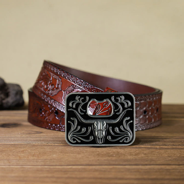 Men's DIY Opener Buckle Leather Belt - Bull - Brown Carved Belt (40) - image 10