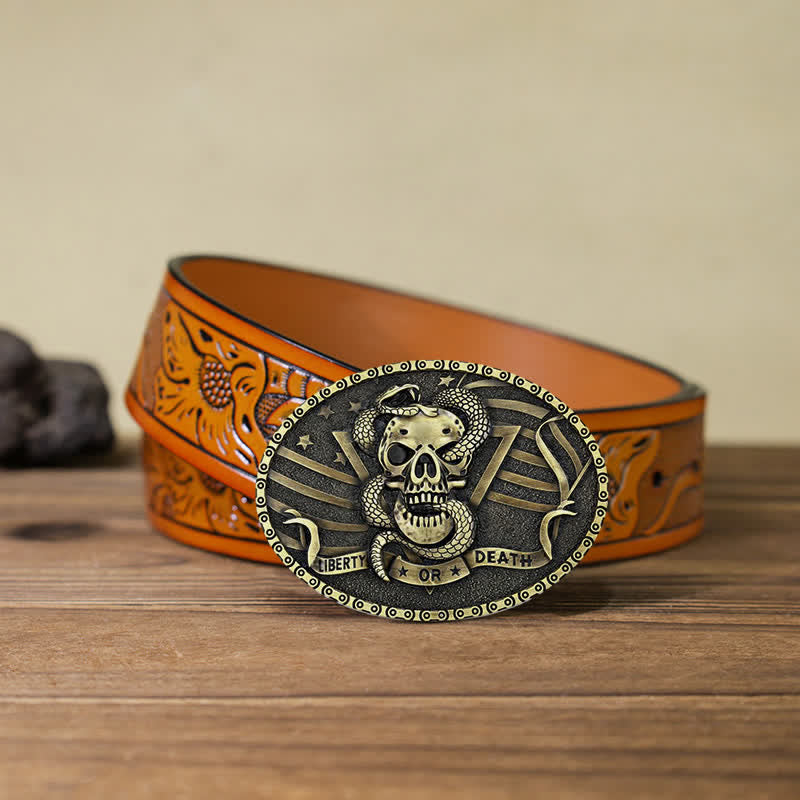 Men's DIY "Liberty or Death" Snake Skull Buckle Leather Belt - Antique Bronze - Orange Carved Belt (40) - image 25