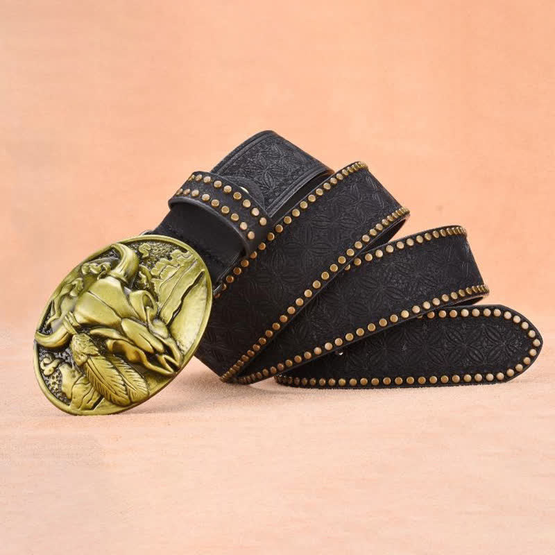Men's Bull Head Buckle Rivet Decor Leather Belt - image 7