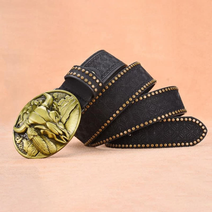 Men's Bull Head Buckle Rivet Decor Leather Belt - image 7