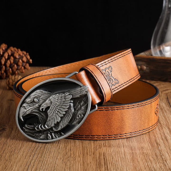 Men's Carved Bald Hawk Eagle Buckle Leather Belt - Brown #2 - 42 - image 2