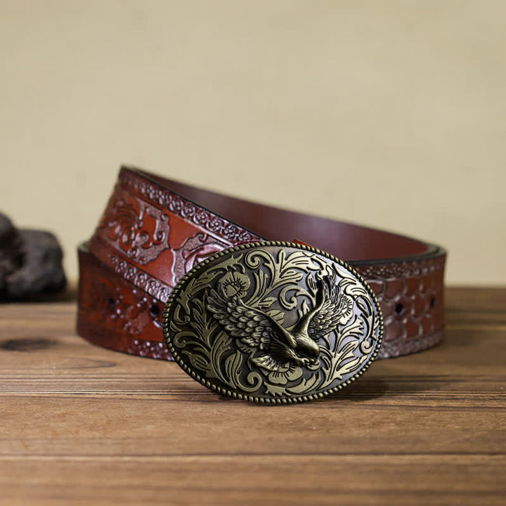 Men's DIY Animal Flying Eagle Buckle Leather Belt - Antique Bronze - Brown Carved Belt (40) - image 18
