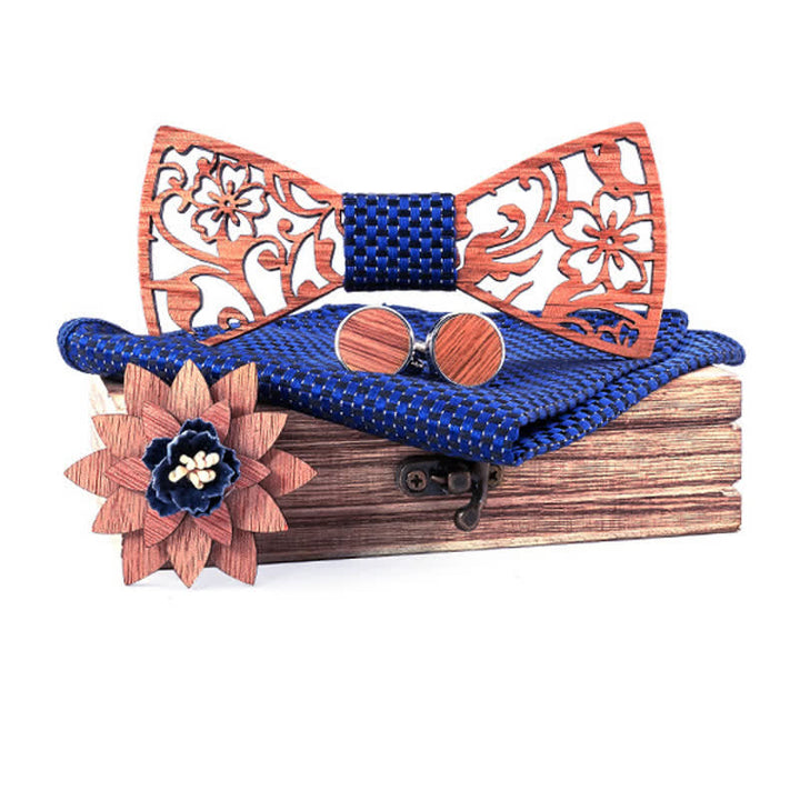 4pcs Men's Hollow Floral Wooden Bow Tie Set - MediumBlue - image 11