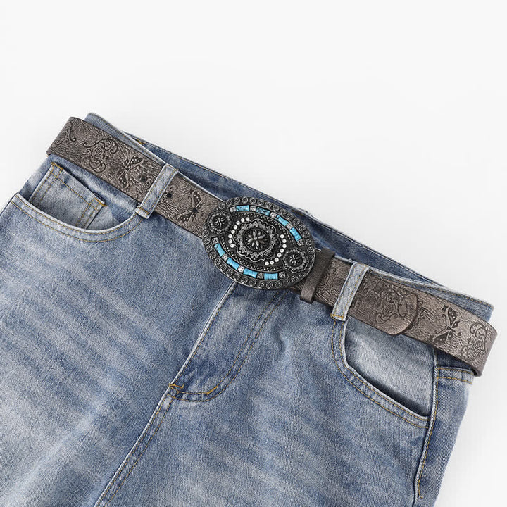 Men's Bohemian Turquoise Decor Floral Leather Belt - image 3