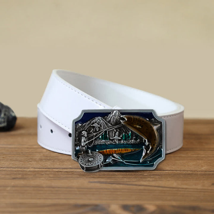 Men's DIY Fishing Enamel Rectangle Buckle Leather Belt - Fishing - White PU Belt (40) - image 5