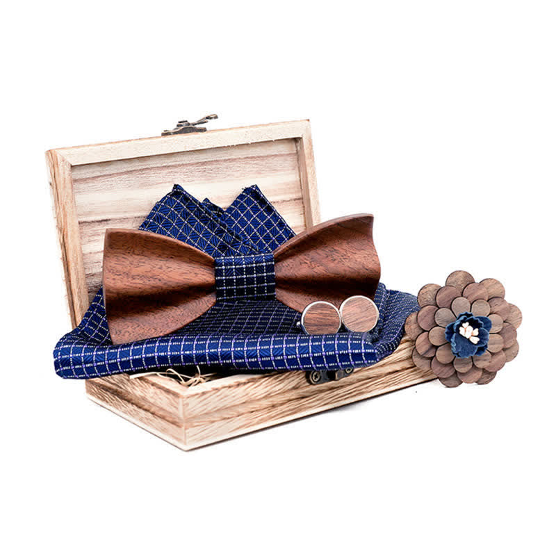 4Pcs Men's Black Walnut Wooden Bow Tie Set - Navy - image 0