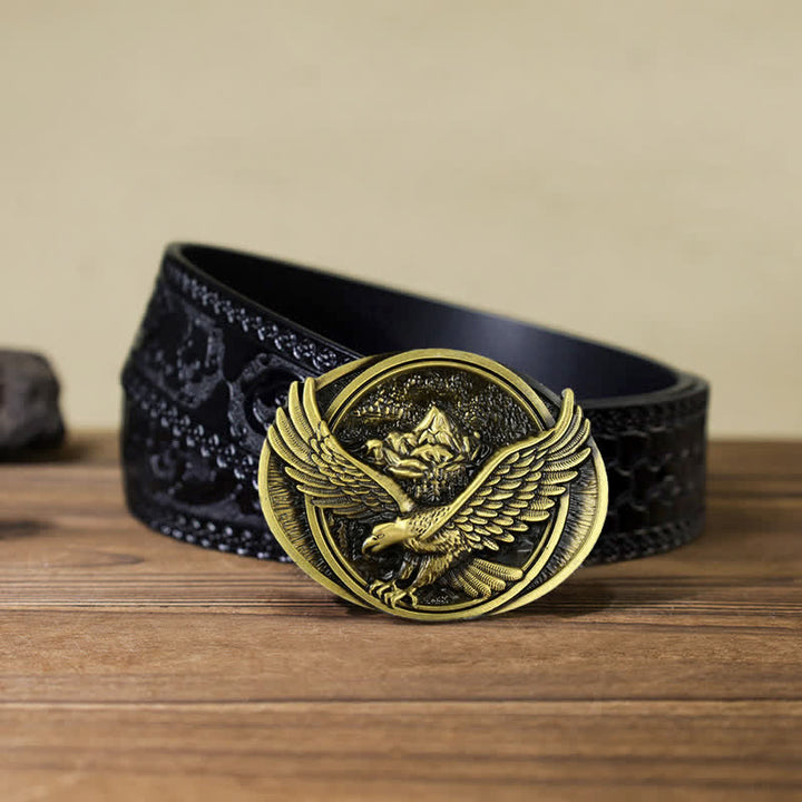 Men's DIY Domineering Flying Eagle Buckle Leather Belt - Antique Bronze - Black Carved Belt (40) - image 17