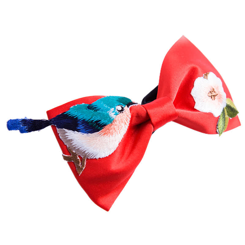 Men's Embroidered Bird Flower Bow Tie - Red - image 3