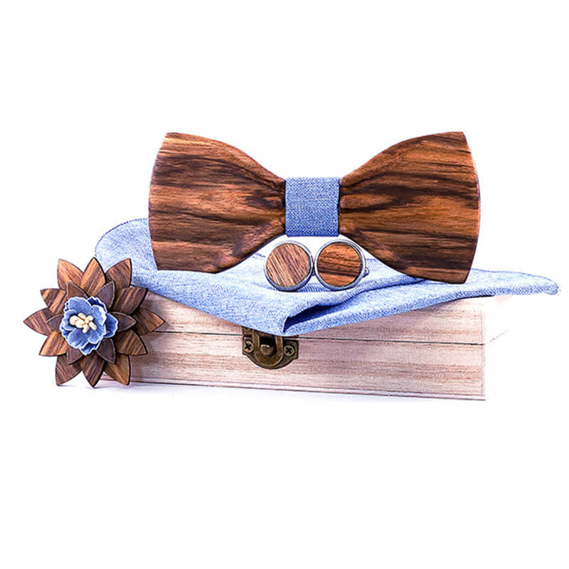 4Pcs Men's Formal Concave Wooden Bow Tie Set - Light Blue - image 8