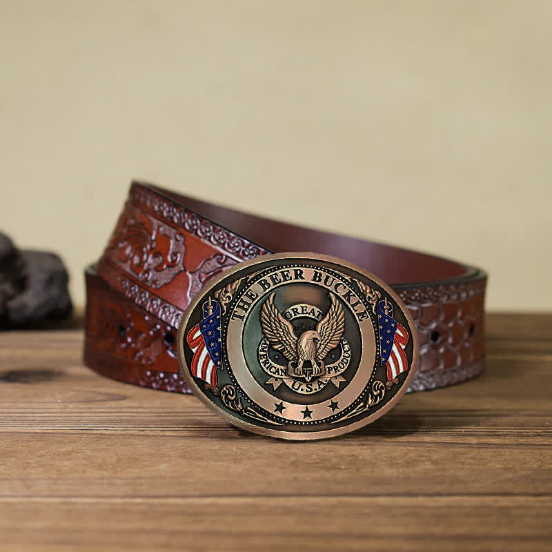 Men's DIY Eagle USA Flag Creative Beer Holder Buckle Leather Belt - Copper - Brown Carved Belt (40) - image 26
