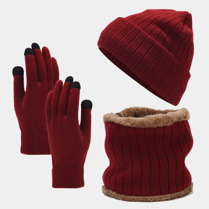 3Pcs Unisex Thickened Twill Knit Hat Scarf Gloves Set - Red - Adjustable (22"-22 7/8") - image 4