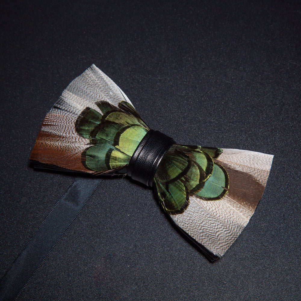Grey & Forest Green Feather Bow Tie with Lapel Pin - image 1