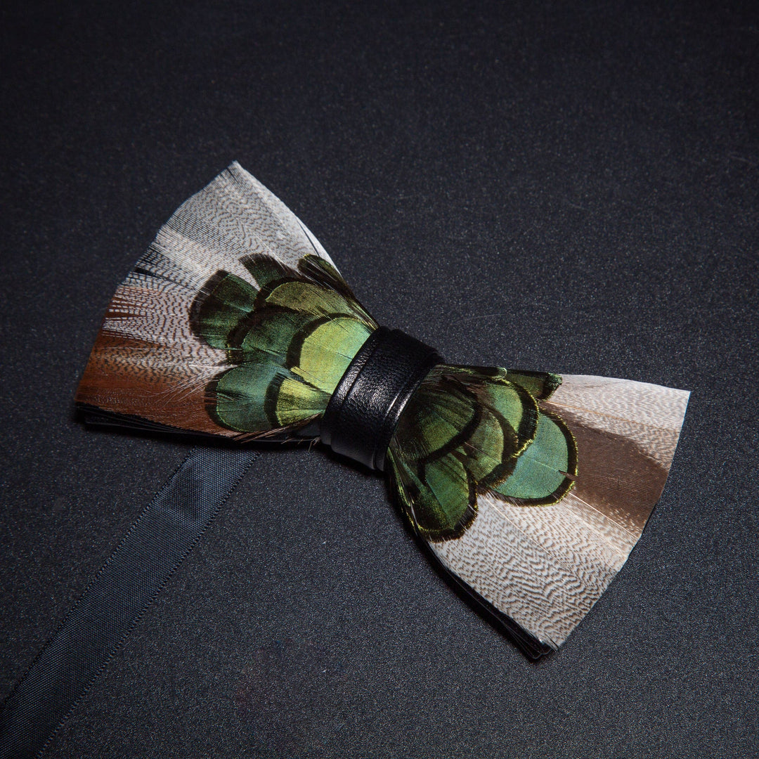 Grey & Forest Green Feather Bow Tie with Lapel Pin - image 1