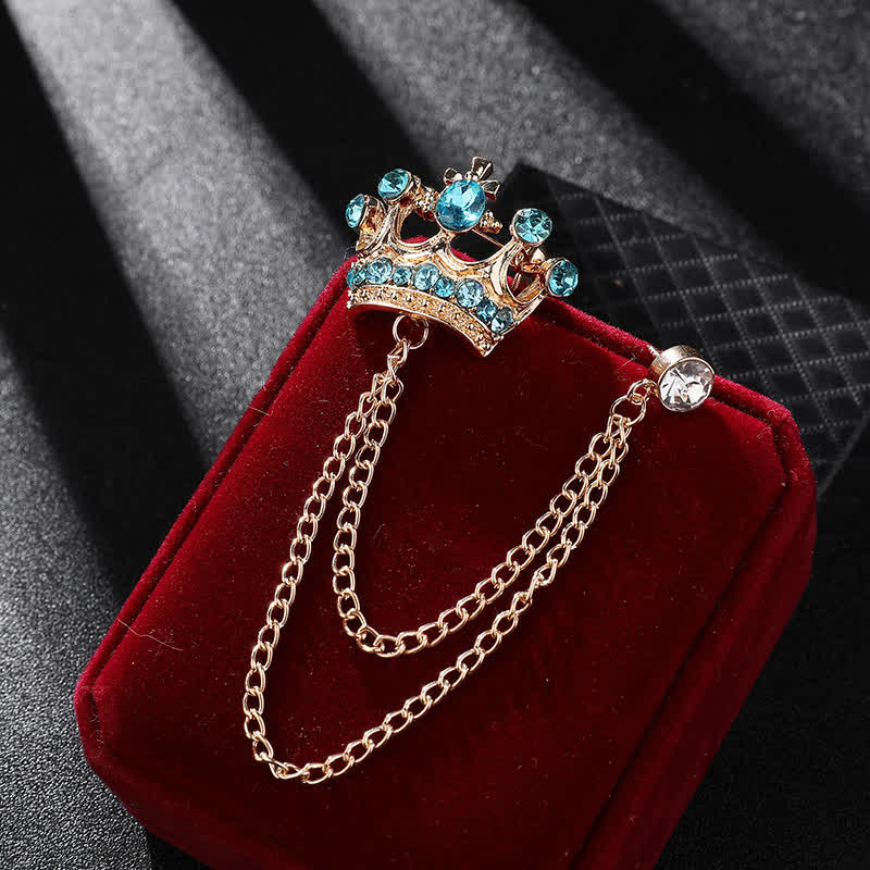 Men's Retro Crown Chain Rhinestones Brooch - Gold & Teal - image 14