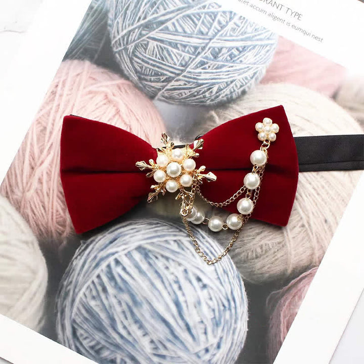 Men's Pearls Snowflake Chain Plain Bow Tie - Red - image 4