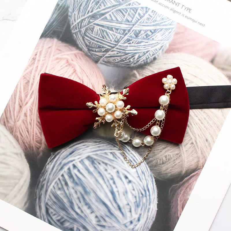 Men's Pearls Snowflake Chain Plain Bow Tie - Red - image 4