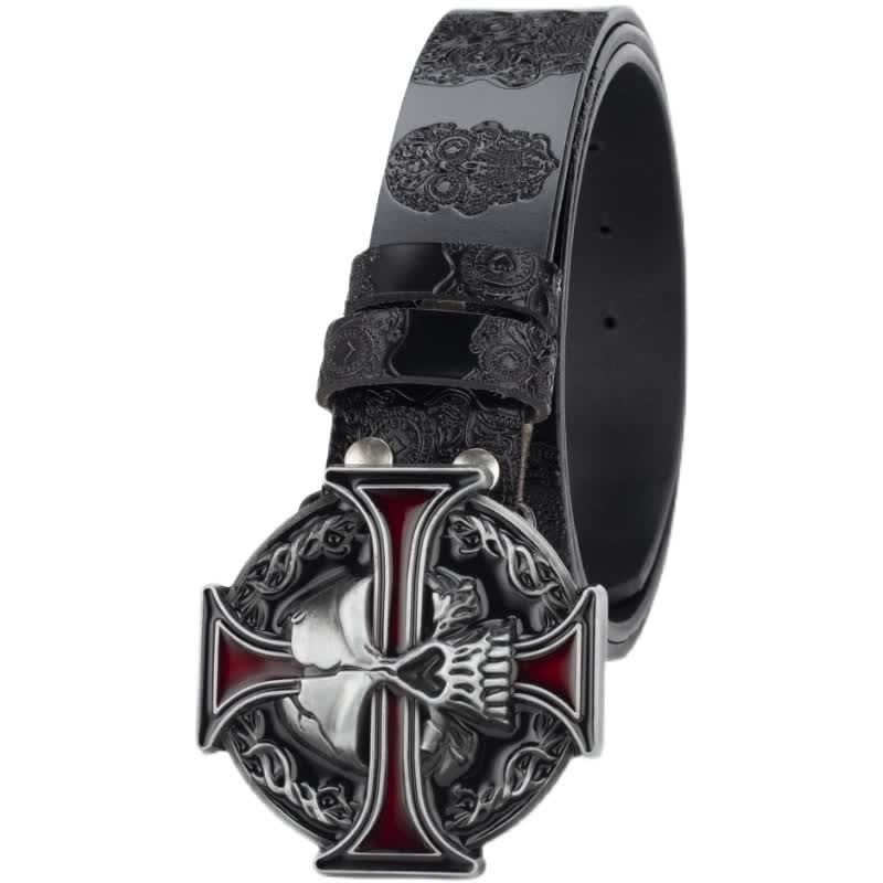 Men's Cross Skull Embossed Pattern Leather Belt - image 1